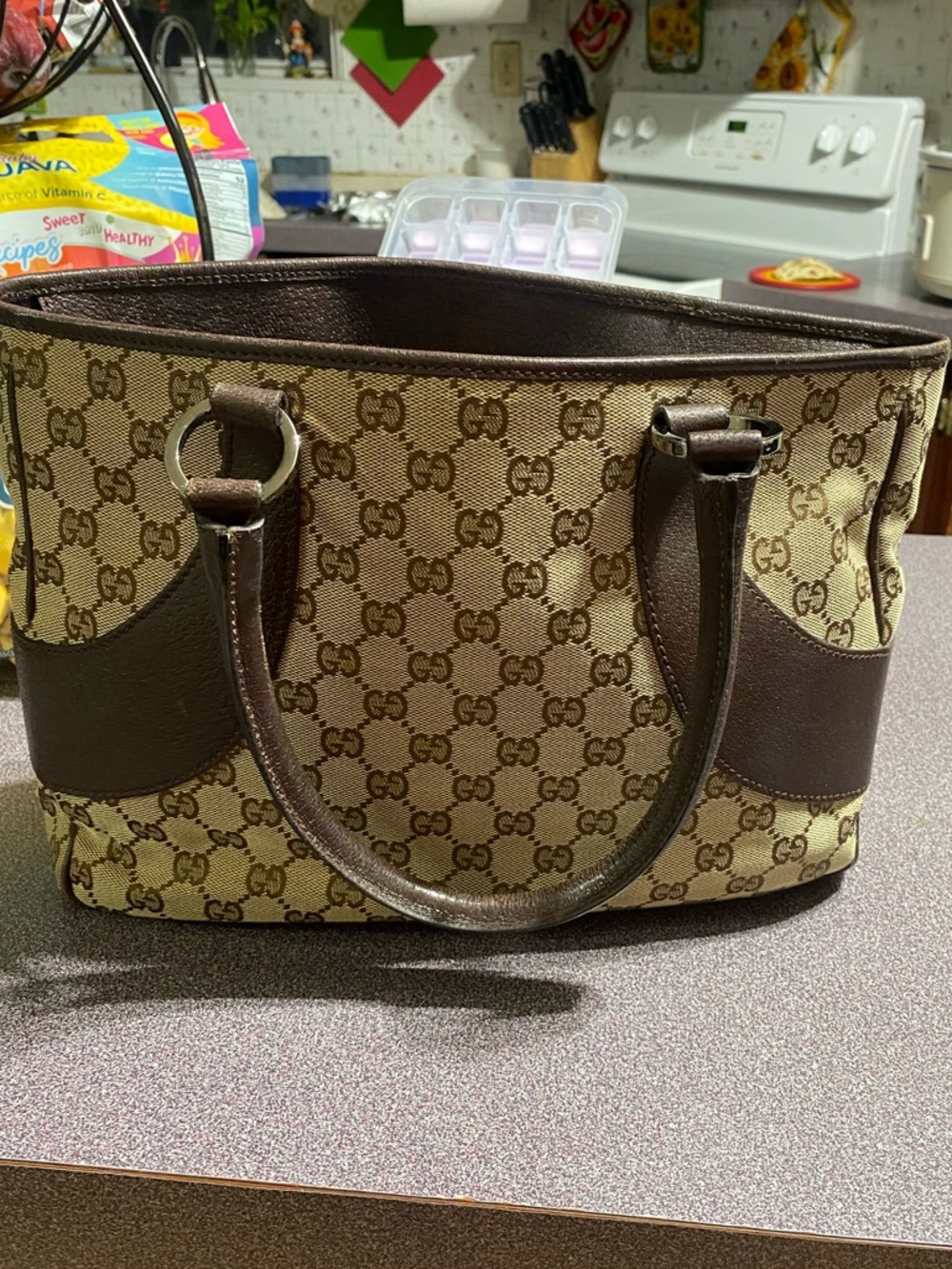 Gucci Brown GG Canvas Tote with Dark Brown Leather Trim - Picture 1 of 6